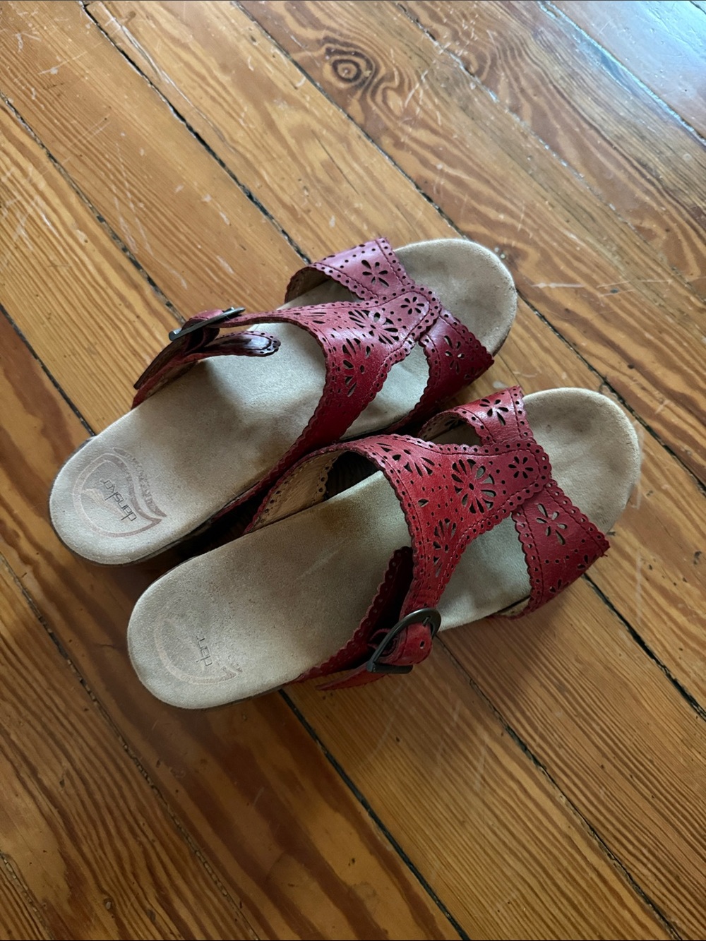 Dansko Womens Red Laser-Cut Slide Sandals